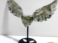 Unique Moss Agate Heart Wing Carving With Stand
