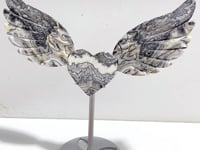Unique Gray Blue Agate Heart Wing Carving With Stand
