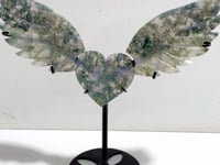 Moss Agate Heart Wing Carving With Stand