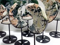 7 Pieces Large Geode Green & Pink Moss Agate Moon Carving With Stand