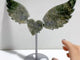 Moss Agate Heart Wing Carving With Stand