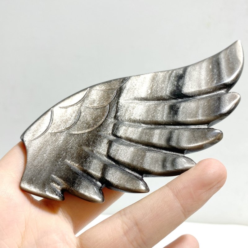 Silver Sheen Obsidian Heart Wing Carving With Stand -Wholesale Crystals