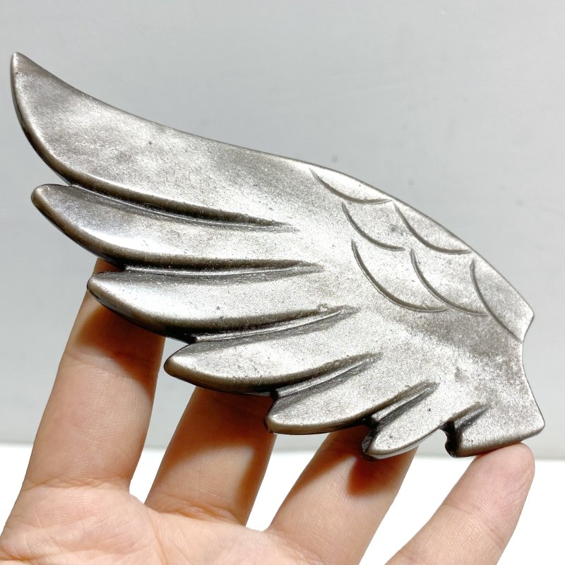 Silver Sheen Obsidian Heart Wing Carving With Stand -Wholesale Crystals