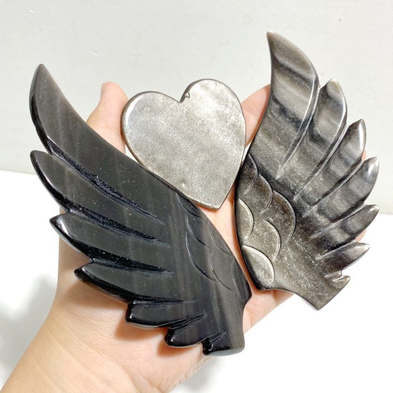 Silver Sheen Obsidian Heart Wing Carving With Stand -Wholesale Crystals