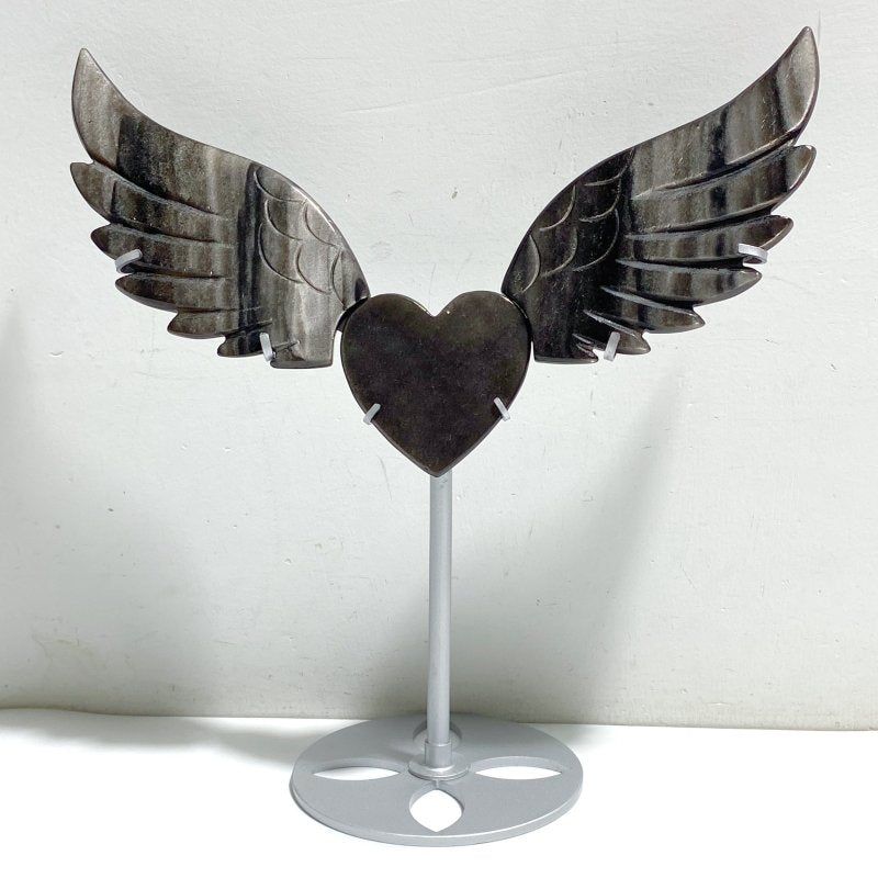 Silver Sheen Obsidian Heart Wing Carving With Stand -Wholesale Crystals