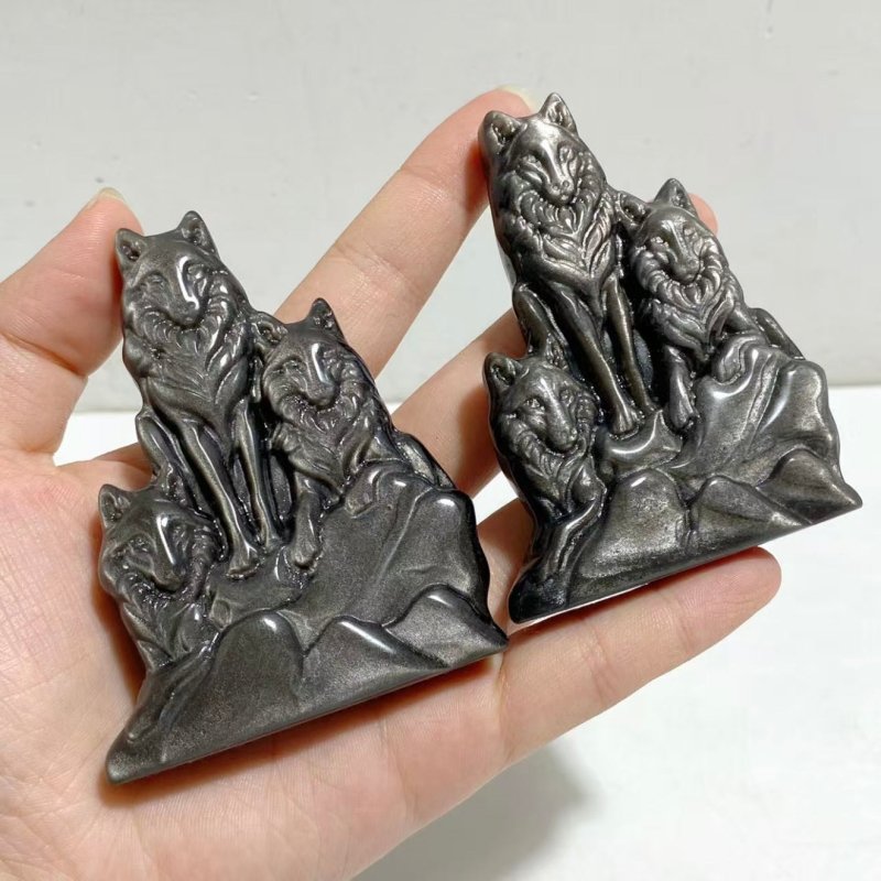 Silver Sheen Obsidian Wolf Carving Wholesale -Wholesale Crystals