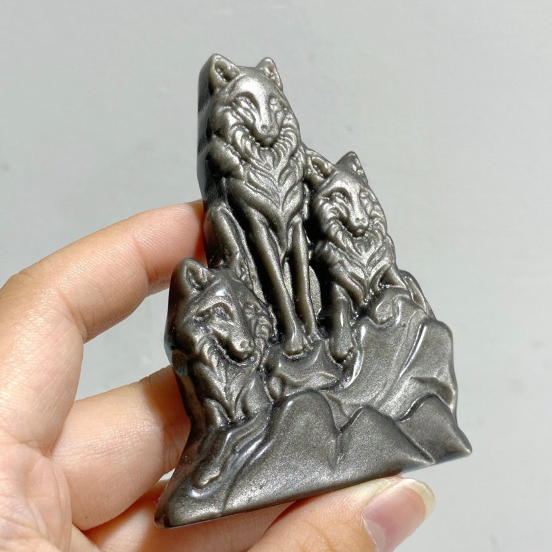 Silver Sheen Obsidian Wolf Carving Wholesale -Wholesale Crystals