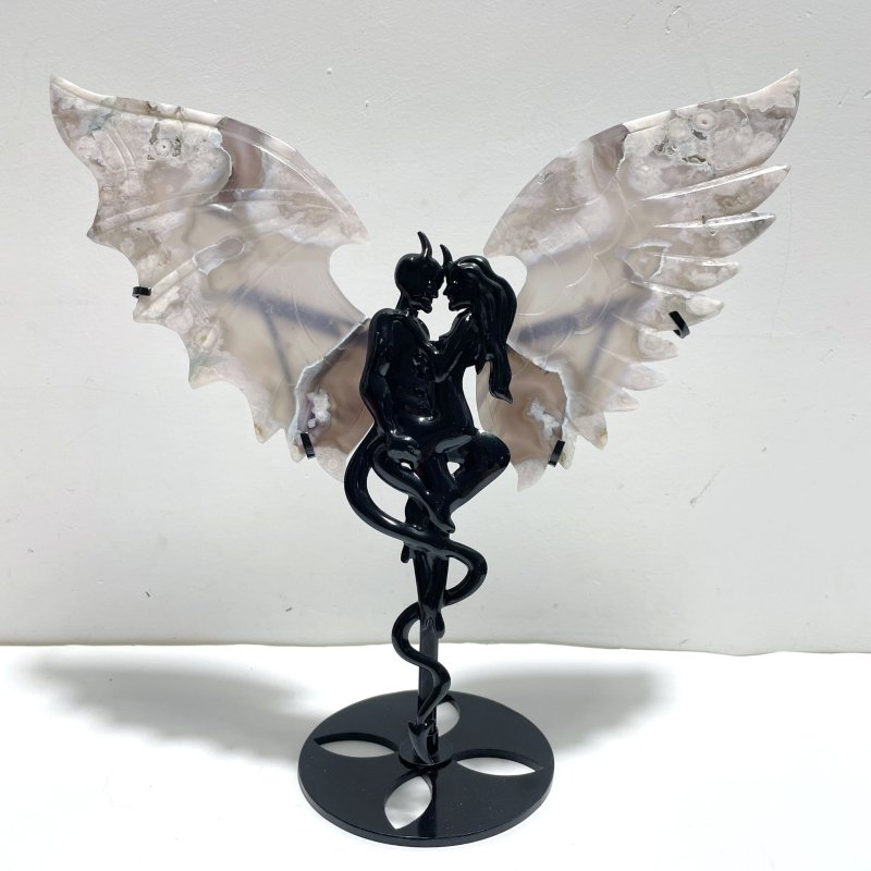 Unique Black Sakura Flower Agate Demon and Angel Wing Carving With Stand - Wholesale Crystals