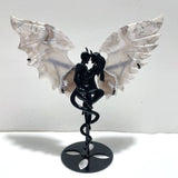 Unique Black Sakura Flower Agate Demon and Angel Wing Carving With Stand - Wholesale Crystals
