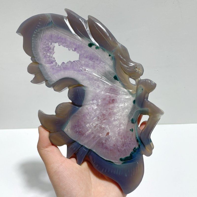 Unique Geode Druzy Agate Butterfly Fairy Carving With Stand - Wholesale Crystals