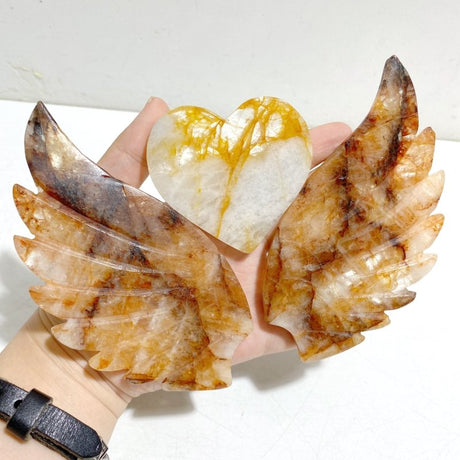 Unique Golden Hematoid Quartz Fire Quartz Heart Wing Carving With Stand -Wholesale Crystals