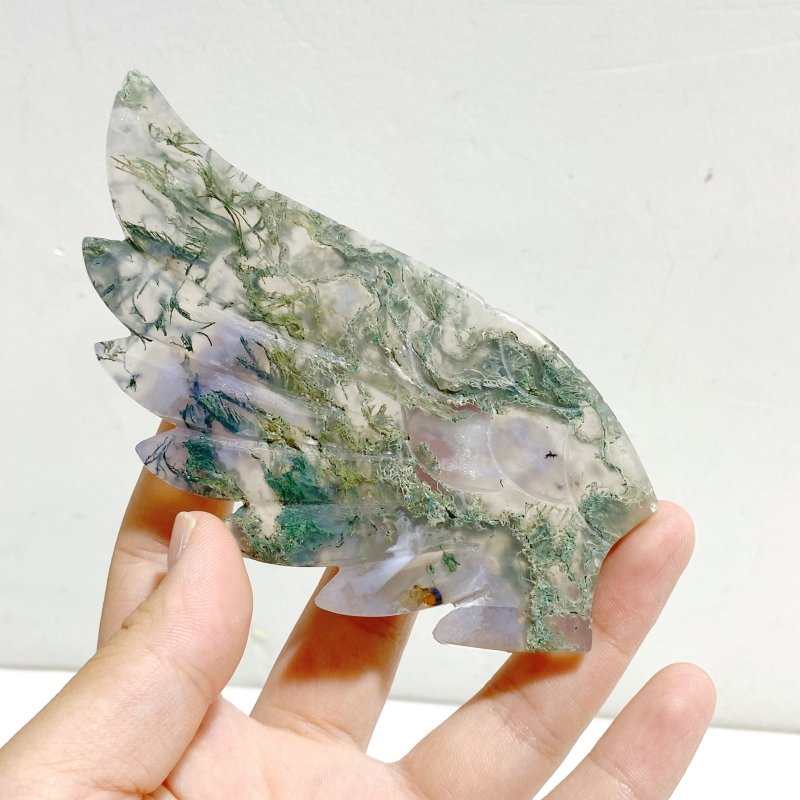 Unique Moss Agate Heart Wing Carving With Stand - Wholesale Crystals