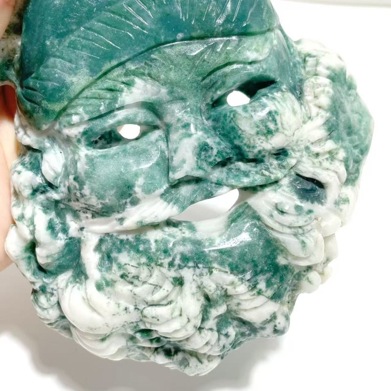 Unique Moss Agate Santa Claus Mask Carving With Stand - Wholesale Crystals