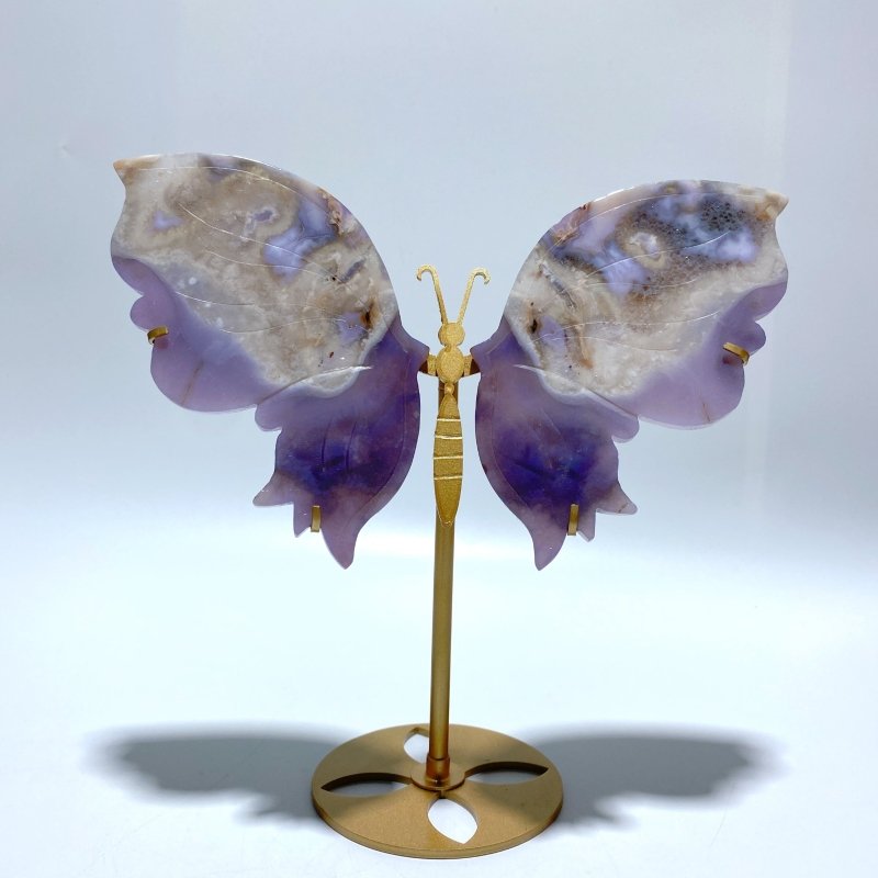 Unique Purple Sakura Flower Agate Butterfly Wing Carving With Stand - Wholesale Crystals