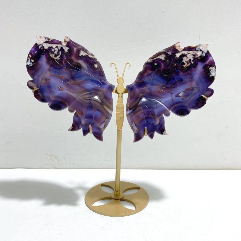 Unique Purple Sakura Flower Agate Butterfly Wing Carving With Stand - Wholesale Crystals