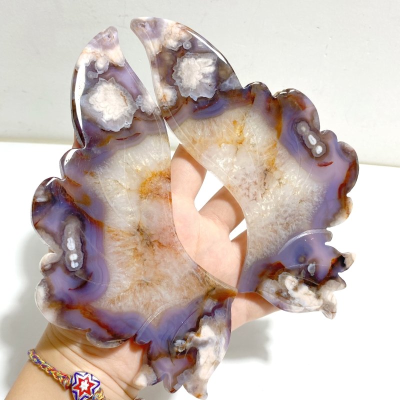 Unique Purple Sakura Flower Agate Butterfly Wing Carving With Stand -Wholesale Crystals