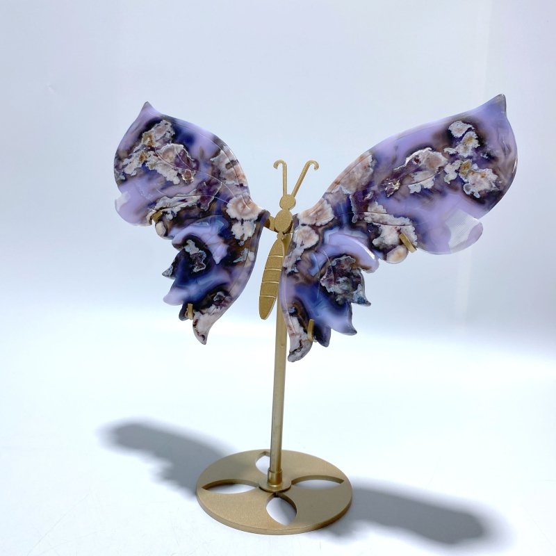 Unique Purple Sakura Flower Agate Butterfly Wing Carving With Stand - Wholesale Crystals