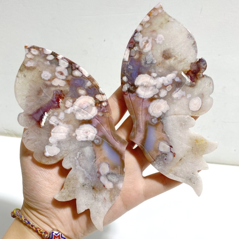 Unique Sakura Flower Agate Butterfly Wing Carving With Stand -Wholesale Crystals