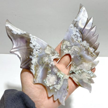 Unique Sakura Flower Agate Demon and Angel Wing Carving With Stand - Wholesale Crystals