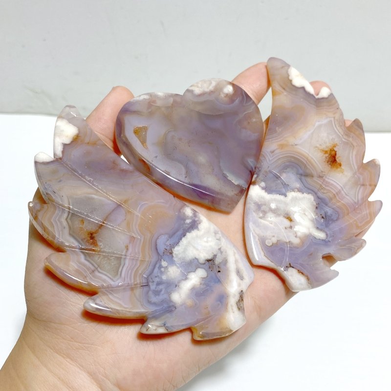 Unique Sakura Flower Agate Heart Wing Carving With Stand -Wholesale Crystals