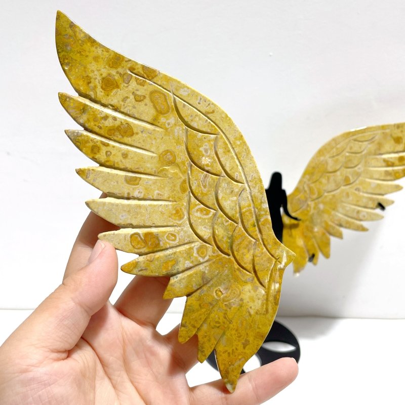 Unique Yellow Ocean Jasper Angel Wing Carving With Stand - Wholesale Crystals