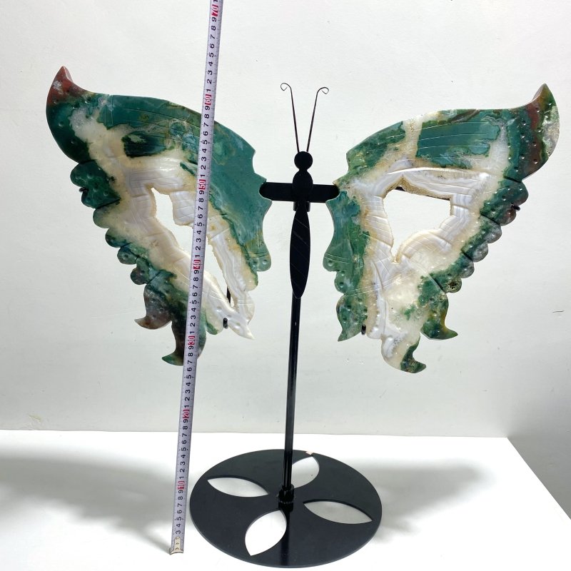Very Large Geode Druzy Moss Agate Butterfly Wing Carving With Stand - Wholesale Crystals