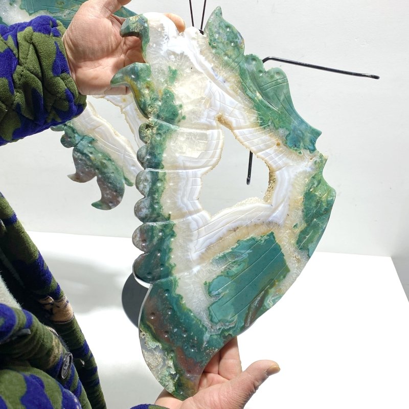 Very Large Geode Druzy Moss Agate Butterfly Wing Carving With Stand - Wholesale Crystals