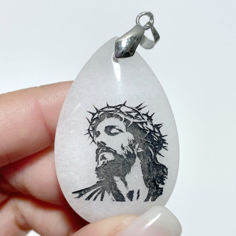 White Jade Engraved Jesus Christ Teardrop Pendant Crystal Pendant Wholesale - Wholesale Crystals