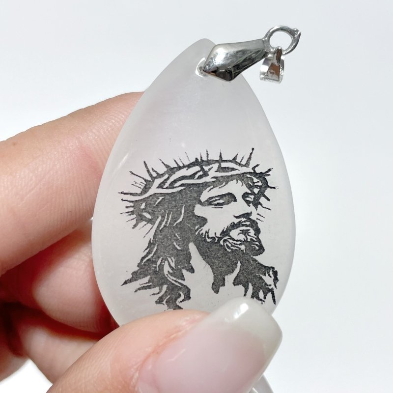 White Jade Engraved Jesus Christ Teardrop Pendant Crystal Pendant Wholesale - Wholesale Crystals