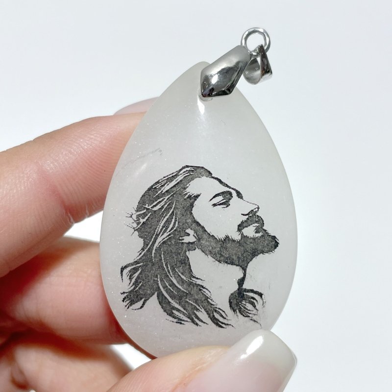 White Jade Engraved Jesus Christ Teardrop Pendant Crystal Pendant Wholesale - Wholesale Crystals