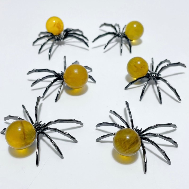 Yellow Fluorite Sphere Spider Ornament Handmade Alloy Spider Wholesale - Wholesale Crystals