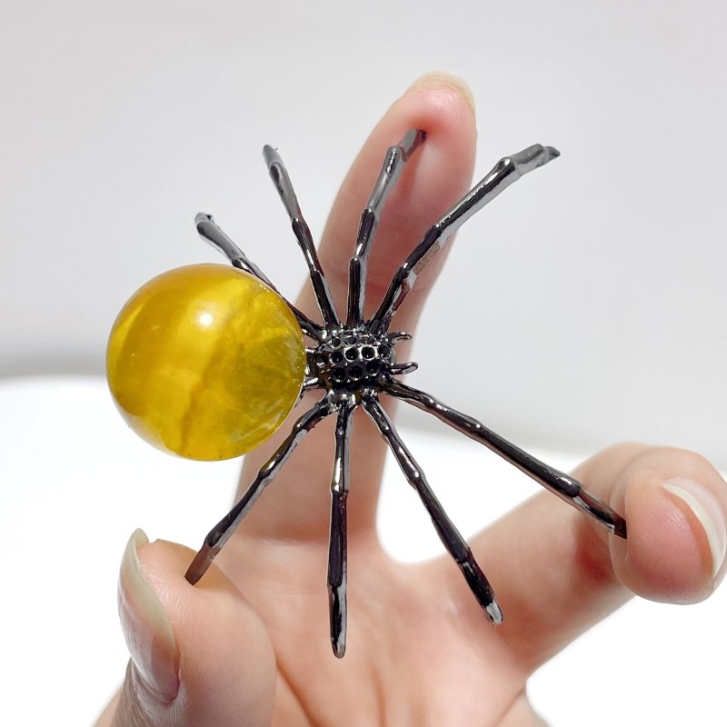 Yellow Fluorite Sphere Spider Ornament Handmade Alloy Spider Wholesale - Wholesale Crystals