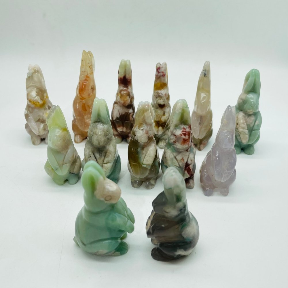 13 Pieces High Quality Sakura Flower Agate Rabbit Carving -Wholesale Crystals