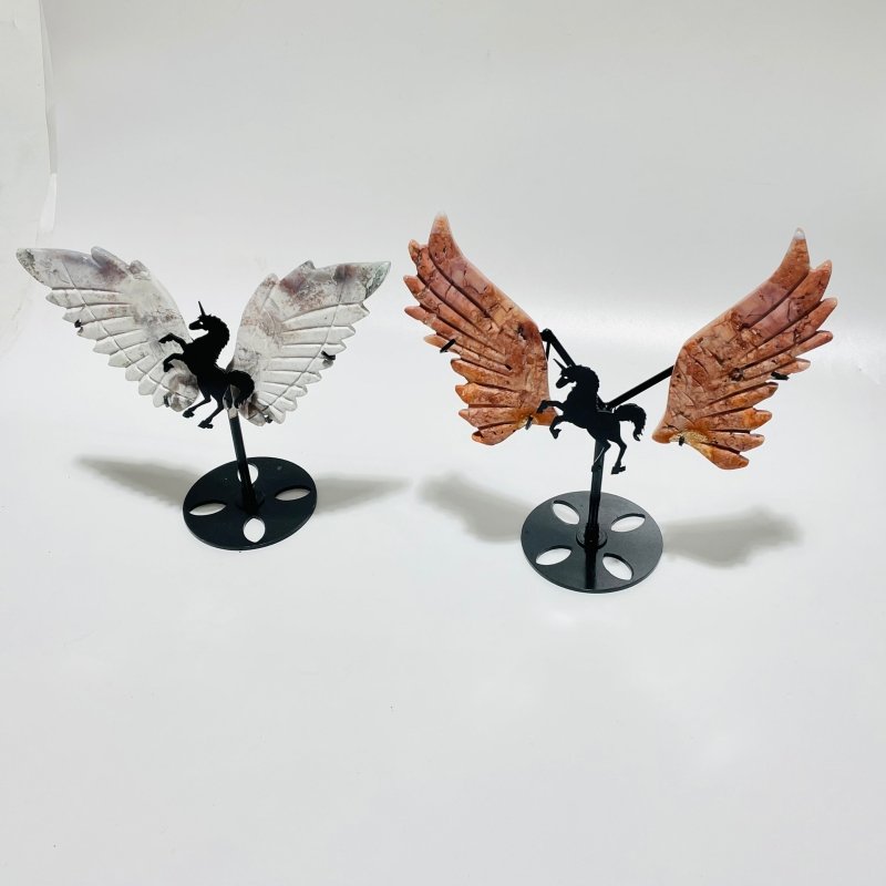 2 Pairs Pegasus Wing Carving With Stand Pink Agate Ocean Jasper - Wholesale Crystals