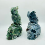 2 Pieces Unique Moss Agate Skull With Owl Carving -Wholesale Crystals