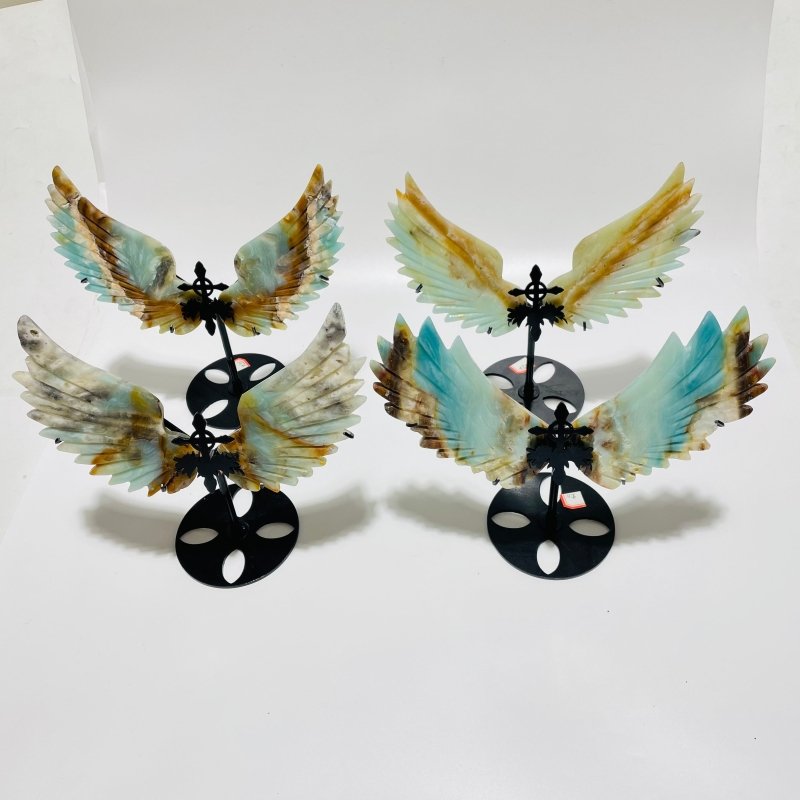 4 Pairs Caribbean Calcite Wing Carving With Cross Stand(SCC1) - Wholesale Crystals