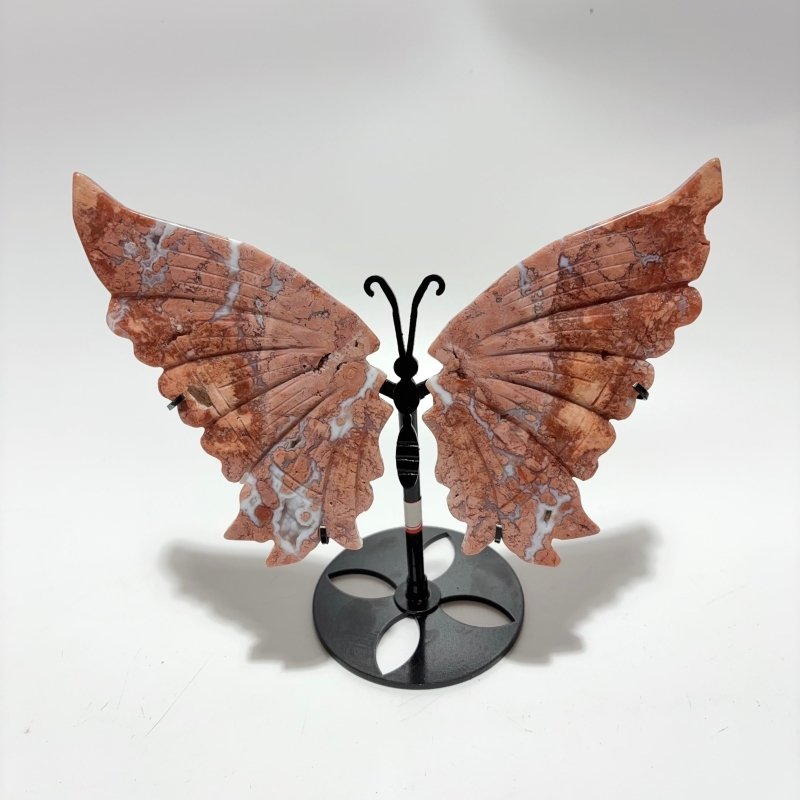 4 Pairs Pink Agate Butterfly Wing Carving With Stand - Wholesale Crystals