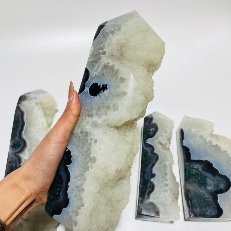 4 Pieces Large Druzy Black Moss Agate Points - Wholesale Crystals