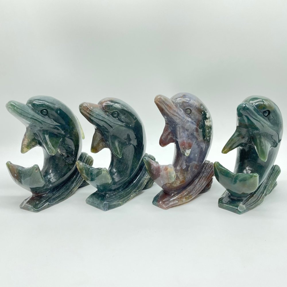 4 Pieces Moss Agate Dolphin Carving -Wholesale Crystals