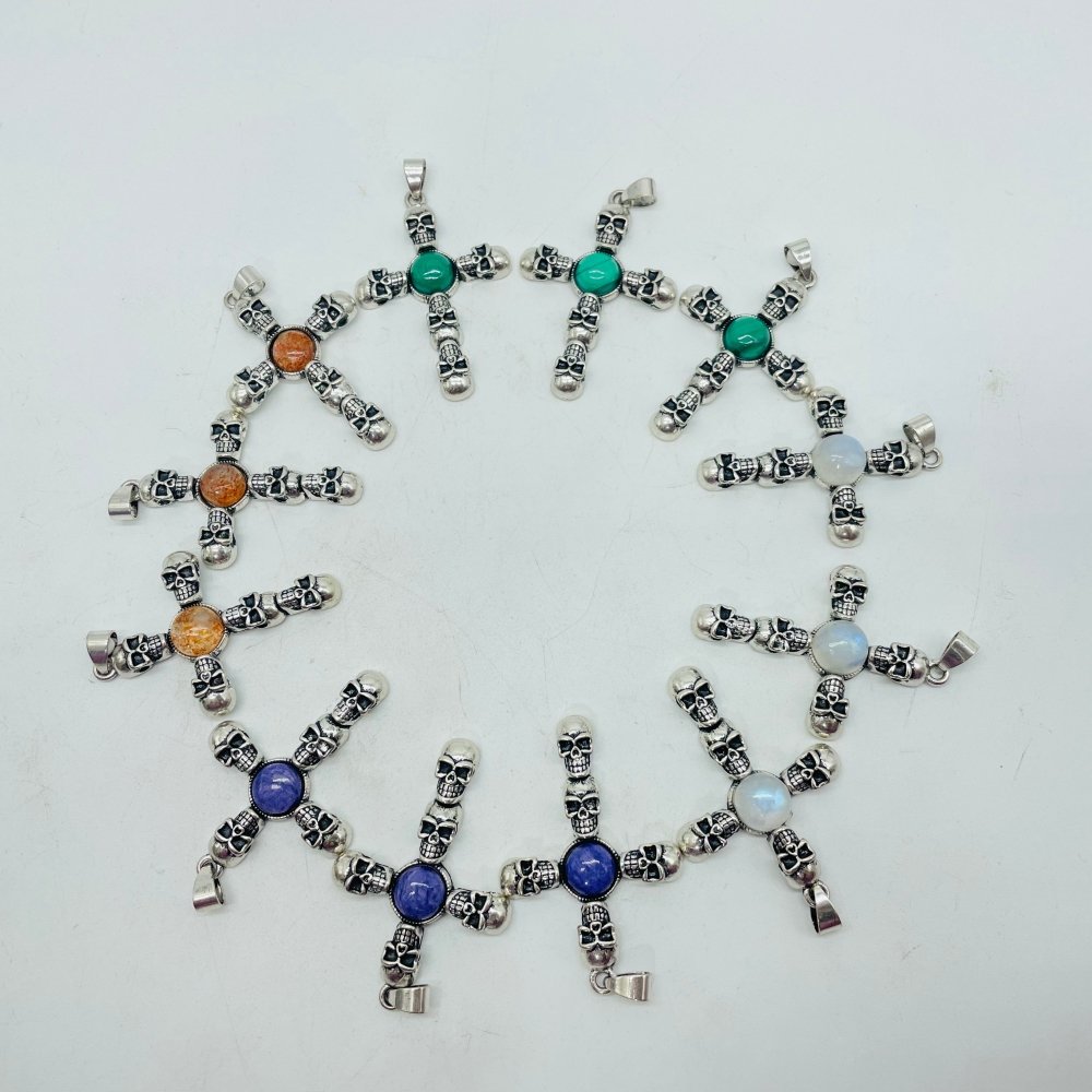 4 Types Skull Cross Pendant Wholesale Charoite Sunstone Malachite Moonstone -Wholesale Crystals