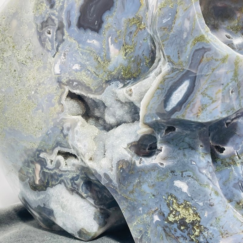 45.8kg Large Geode Druzy Moss Agate Skull Carving - Wholesale Crystals
