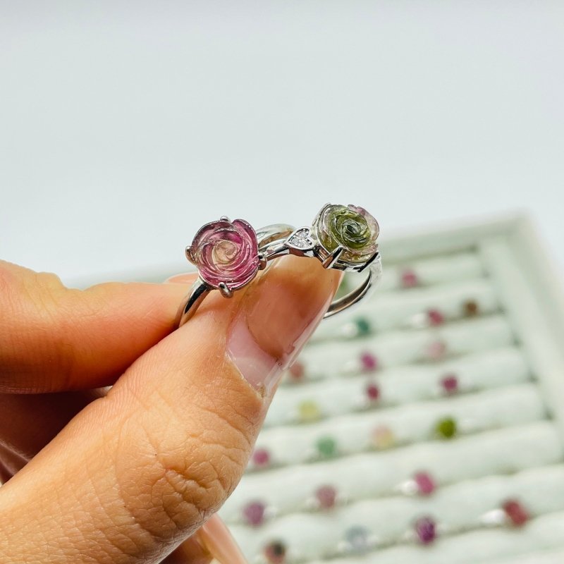 51 Pieces Colorful Tourmaline Different Styles Flower Shape Sterling Silver Ring - Wholesale Crystals