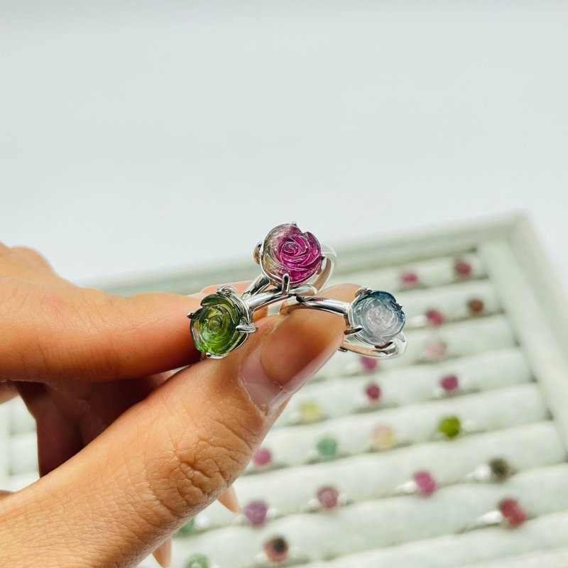 51 Pieces Colorful Tourmaline Different Styles Flower Shape Sterling Silver Ring - Wholesale Crystals
