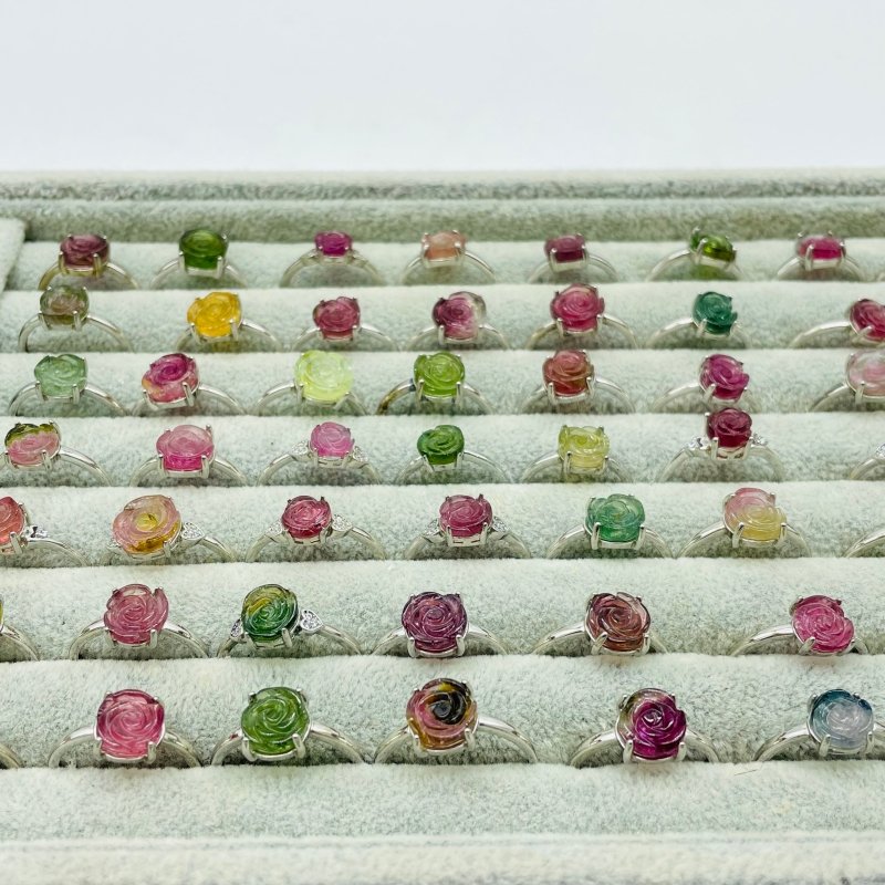 51 Pieces Colorful Tourmaline Different Styles Flower Shape Sterling Silver Ring - Wholesale Crystals