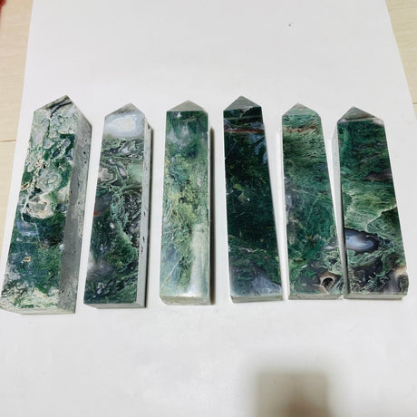 6 Pieces Large Moss Agate Four-Sided Tower Points -Wholesale Crystals