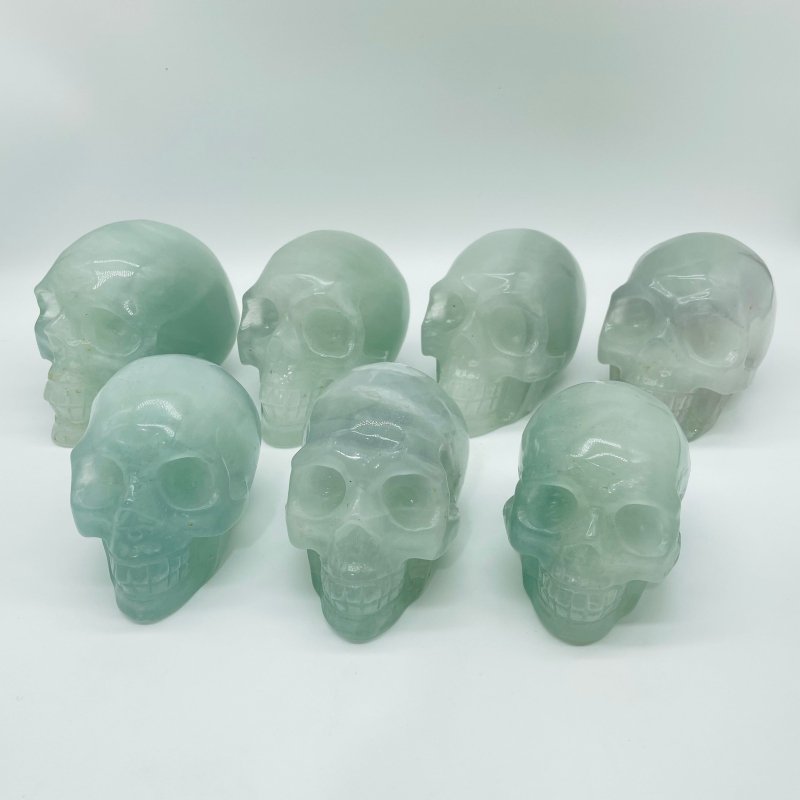 7 Pieces Light Color Fluorite Halloween Skull Carving -Wholesale Crystals