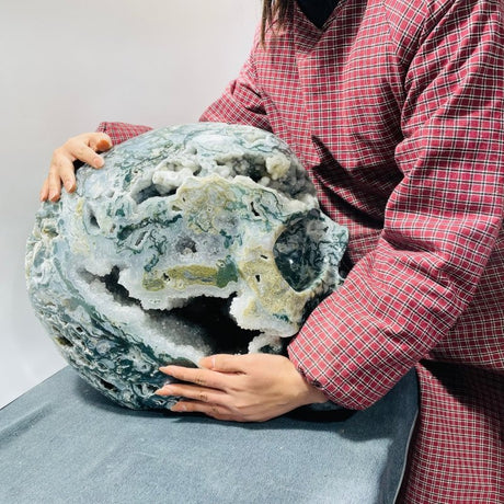 71.8kg Very Large Geode Druzy Moss Agate Skull Carving 20Inch - Wholesale Crystals