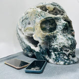 71.8kg Very Large Geode Druzy Moss Agate Skull Carving 20Inch - Wholesale Crystals