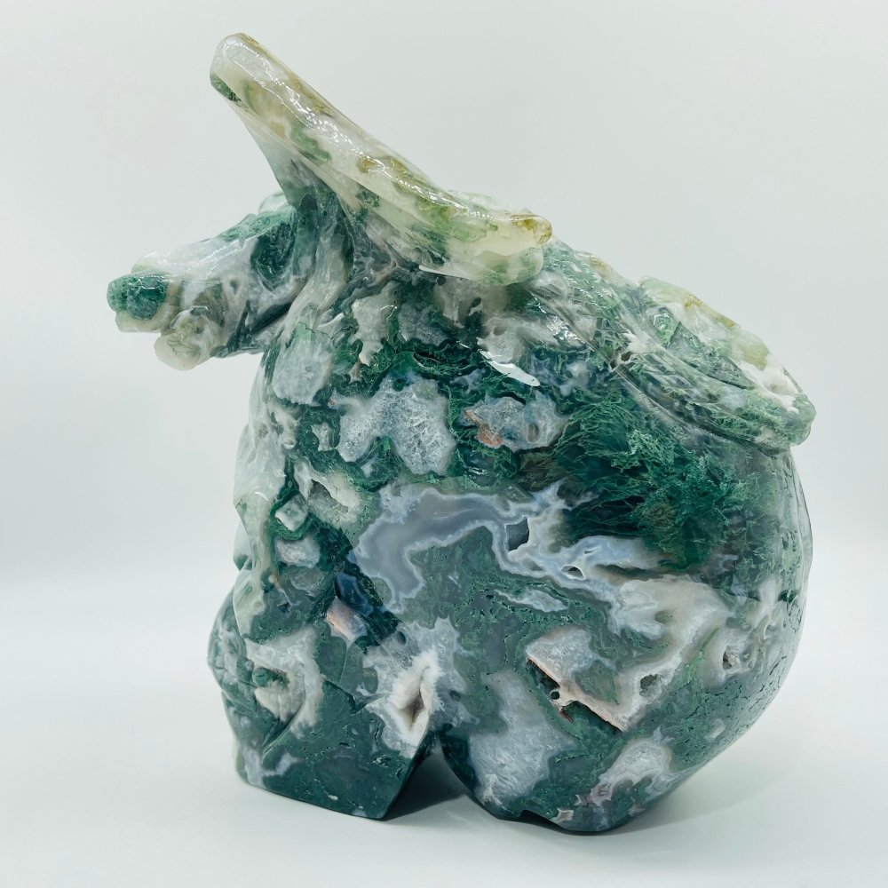 Large Moss Agate Flying Dragon Standing On Skull Carving -Wholesale Crystals