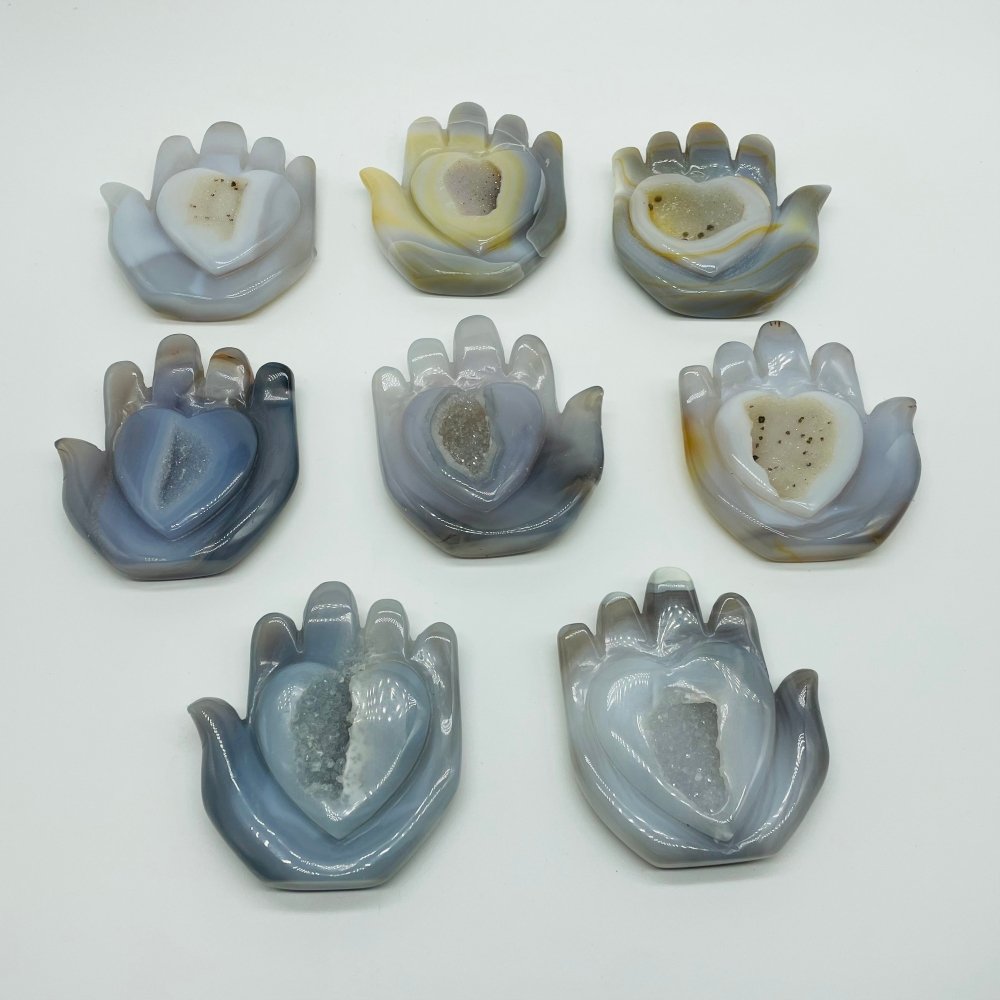 8 Pieces Geode Druzy Agate Stand Beautiful Hand Heart Carving -Wholesale Crystals